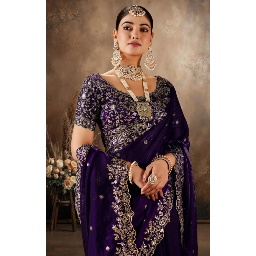 Women's Silk Embroidered Saree with Blouse – Purple