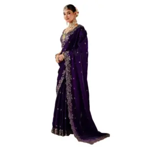 Women's Silk Embroidered Saree with Blouse – Purple