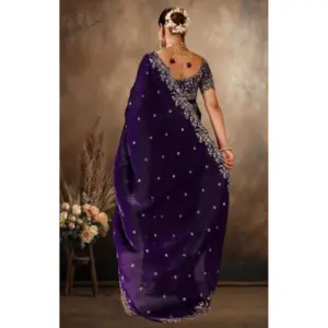 Women's Silk Embroidered Saree with Blouse – Purple