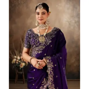 Women's Silk Embroidered Saree with Blouse – Purple