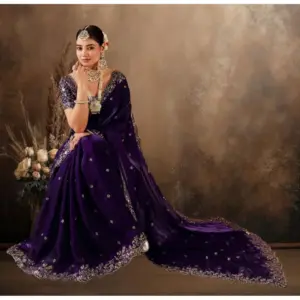 Women's Silk Embroidered Saree with Blouse – Purple