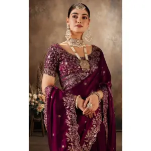 Women's Silk Embroidered Saree with Blouse – Wine