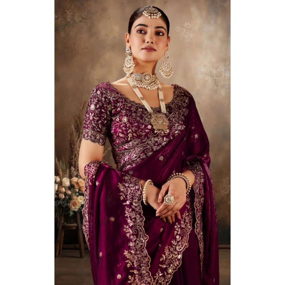 Women's Silk Embroidered Saree with Blouse – Wine