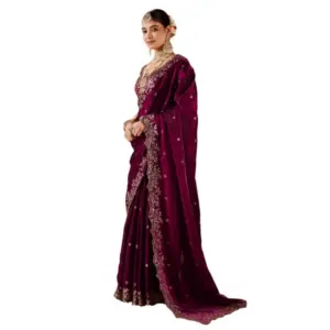 Women's Silk Embroidered Saree with Blouse – Wine