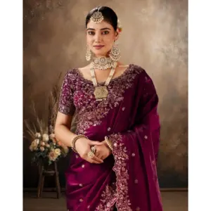 Women's Silk Embroidered Saree with Blouse – Wine
