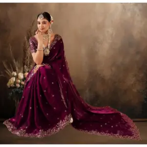 Women's Silk Embroidered Saree with Blouse – Wine