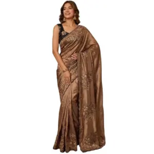 Women's Viscose Silk Embroidered Saree with Blouse – Brown