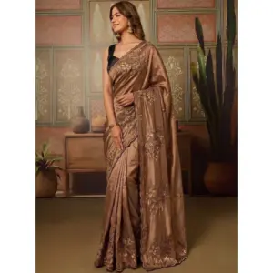 Women's Viscose Silk Embroidered Saree with Blouse – Brown