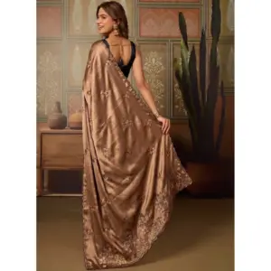 Women's Viscose Silk Embroidered Saree with Blouse – Brown