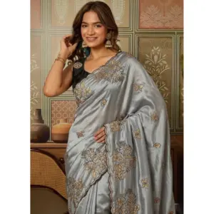 Women's Viscose Silk Embroidered Saree with Blouse – Grey