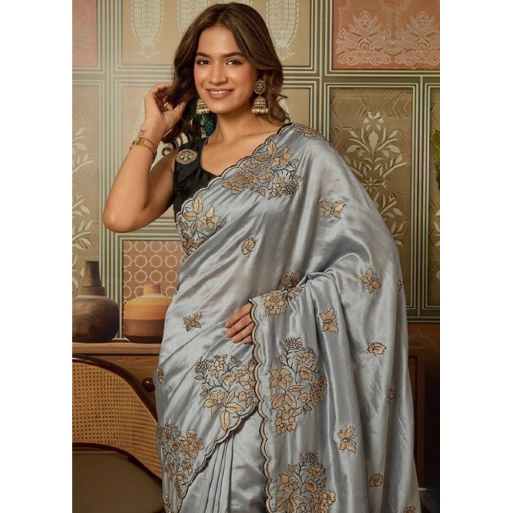 Women's Viscose Silk Embroidered Saree with Blouse – Grey