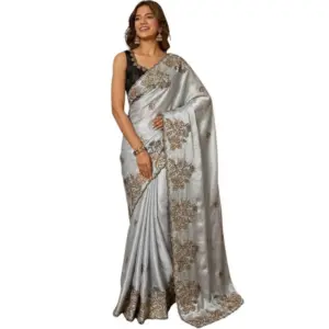 Women's Viscose Silk Embroidered Saree with Blouse – Grey