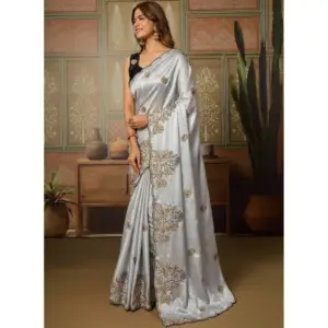 Women's Viscose Silk Embroidered Saree with Blouse – Grey