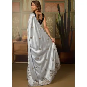 Women's Viscose Silk Embroidered Saree with Blouse – Grey