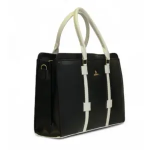 Women's Polyurethane Solid Structured Shoulder Tote Handbag (Black-Cream)