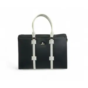 Women's Polyurethane Solid Structured Shoulder Tote Handbag (Black-Cream)