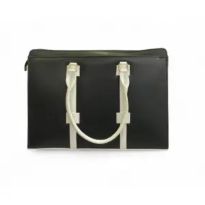 Women's Polyurethane Solid Structured Shoulder Tote Handbag (Black-Cream)