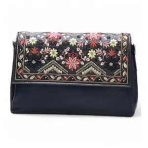 Women's Polyurethane Floral Embroidered Crossbody Sling Bag with Adjustable & Removable Strap (Black)