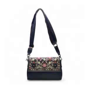 Women's Polyurethane Floral Embroidered Crossbody Sling Bag with Adjustable & Removable Strap (Black)