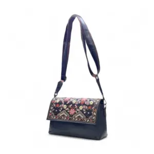 Women's Polyurethane Floral Embroidered Crossbody Sling Bag with Adjustable & Removable Strap (Black)