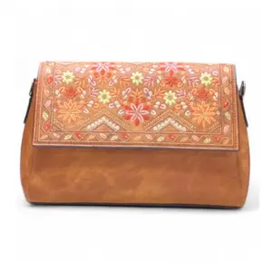 Women's Polyurethane Floral Embroidered Crossbody Sling Bag with Adjustable & Removable Strap (Tan)