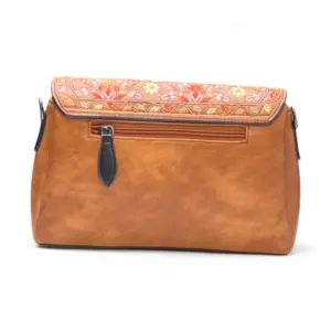 Women's Polyurethane Floral Embroidered Crossbody Sling Bag with Adjustable & Removable Strap (Tan)