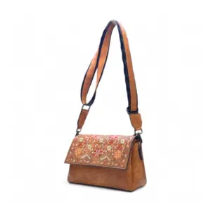 Women's Polyurethane Floral Embroidered Crossbody Sling Bag with Adjustable & Removable Strap (Tan)