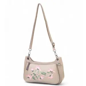 Women's Polyurethane Floral Embroidered Crossbody Sling Bag with Adjustable & Removable Strap (Beige)
