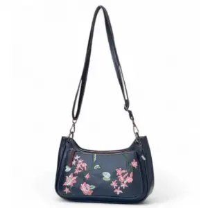 Women's Polyurethane Floral Embroidered Crossbody Sling Bag with Adjustable & Removable Strap (Black)