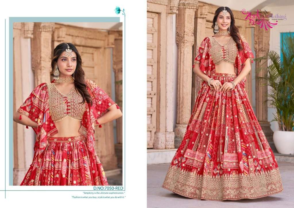 Zeel Clothing Queen 7050 Red Chinon Silk Lehenga