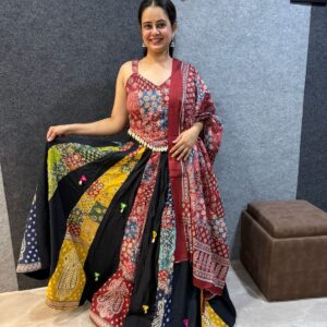 Ajrakh Cotton Mirror & Shell Work Lehenga Choli
