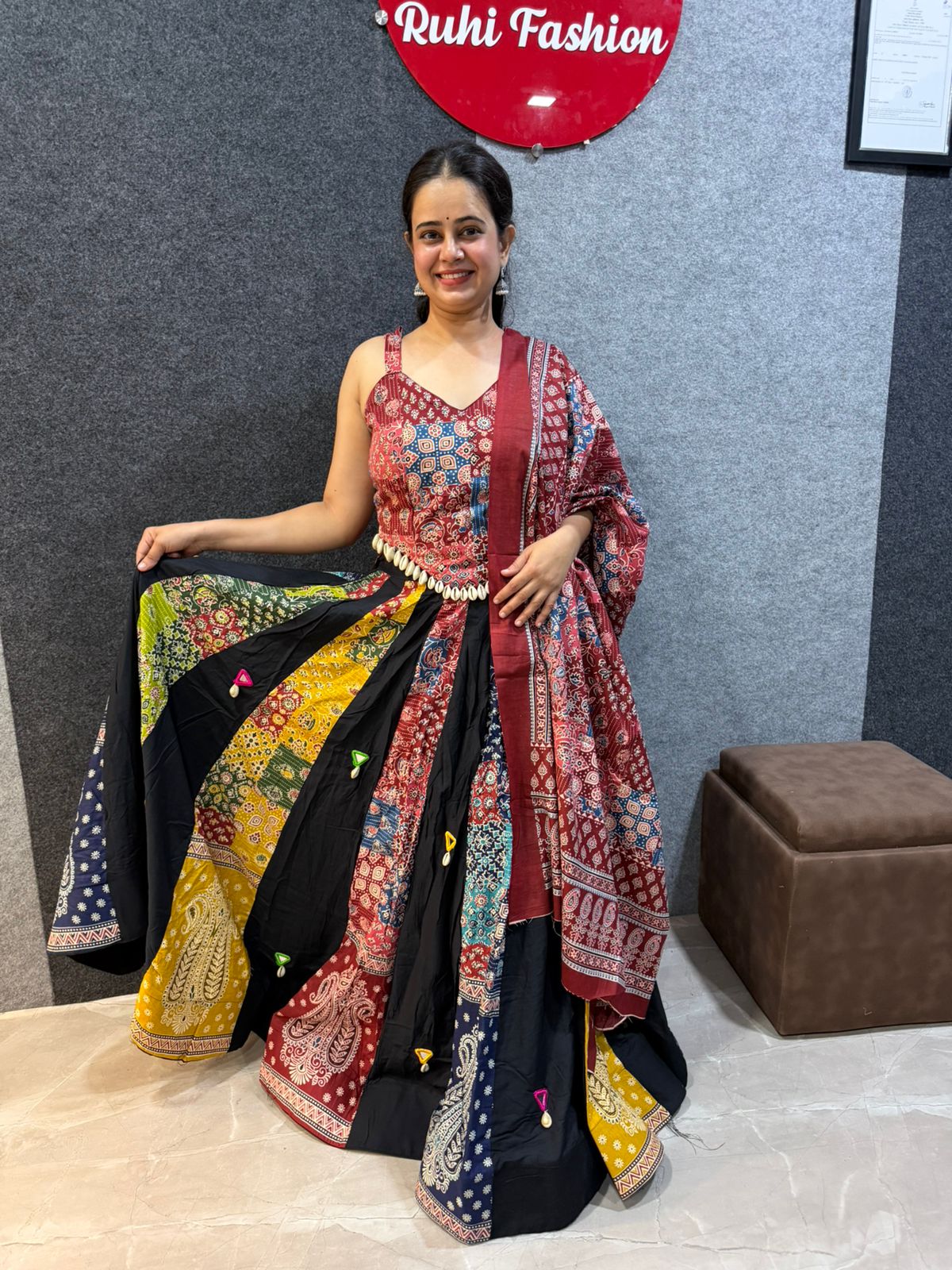 Ajrakh Cotton Mirror & Shell Work Lehenga Choli
