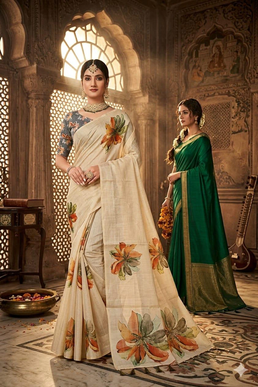 Digital Tissue Sarees with Blouse – Off White with Multicolor