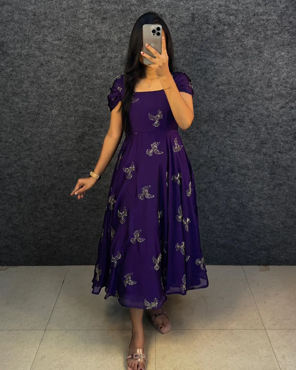 Trending Premium Space silk Maxi gown With Puff Sleeves