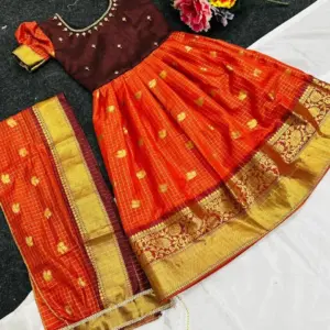 Premium Rust Orange Half Pattu Crepe Silk Gown For Little Princess