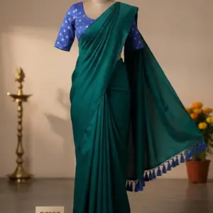 Elegant Peacock Blue Malai Silk Saree with Tassels