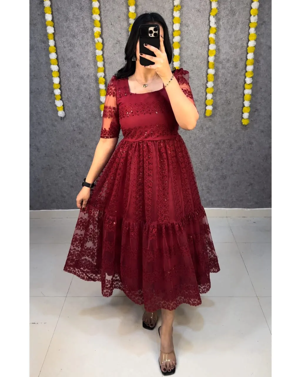 Beautiful Elegant Flower Embroidery Sequence Work Frocks