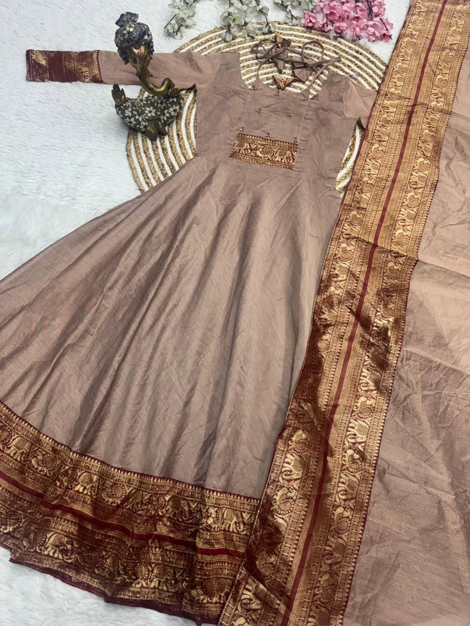 Traditional Silk Cotton Anarkali with Dupatta