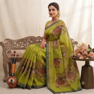 Soft Cotton Linen Saree with Elephant Print