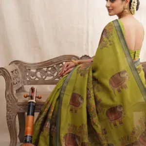 Soft Cotton Linen Saree with Elephant Print