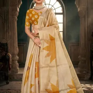 Digital Tissue Sarees with Blouse – Off White with Multicolor