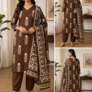 Women's Cotton 3-Piece Kurti Set – Brown / XXL