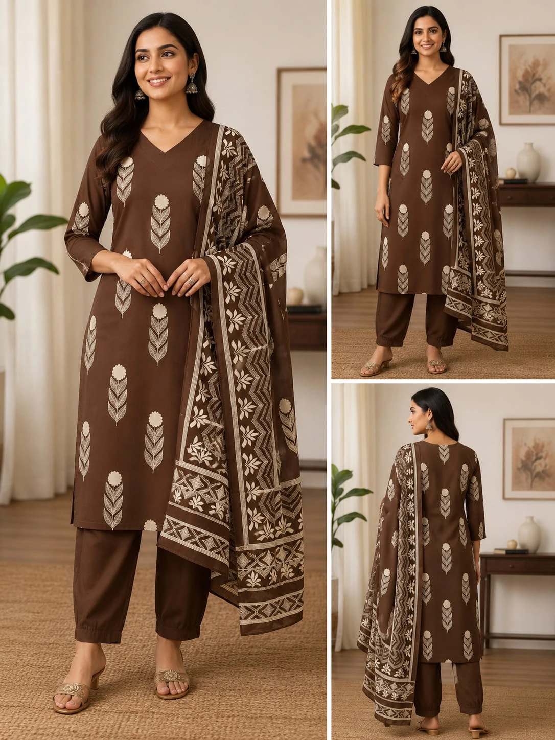 Women's Cotton 3-Piece Kurti Set – Brown / XXL