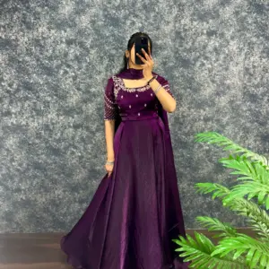 Luxurious Premium Fendy Satin Embroidery Work Gown With Dupatta