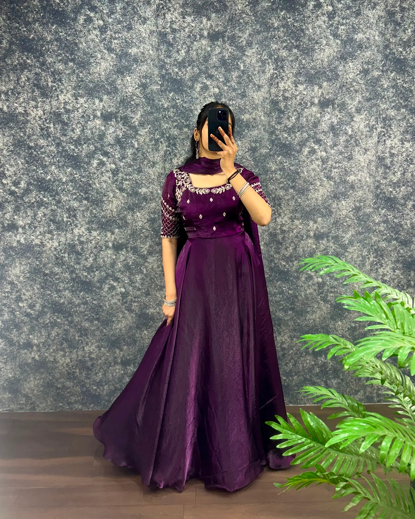 Luxurious Premium Fendy Satin Embroidery Work Gown With Dupatta