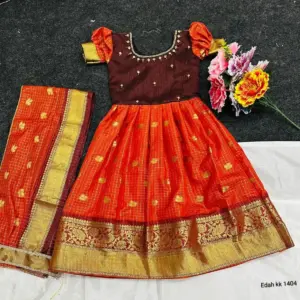 Premium Rust Orange Half Pattu Crepe Silk Gown For Little Princess