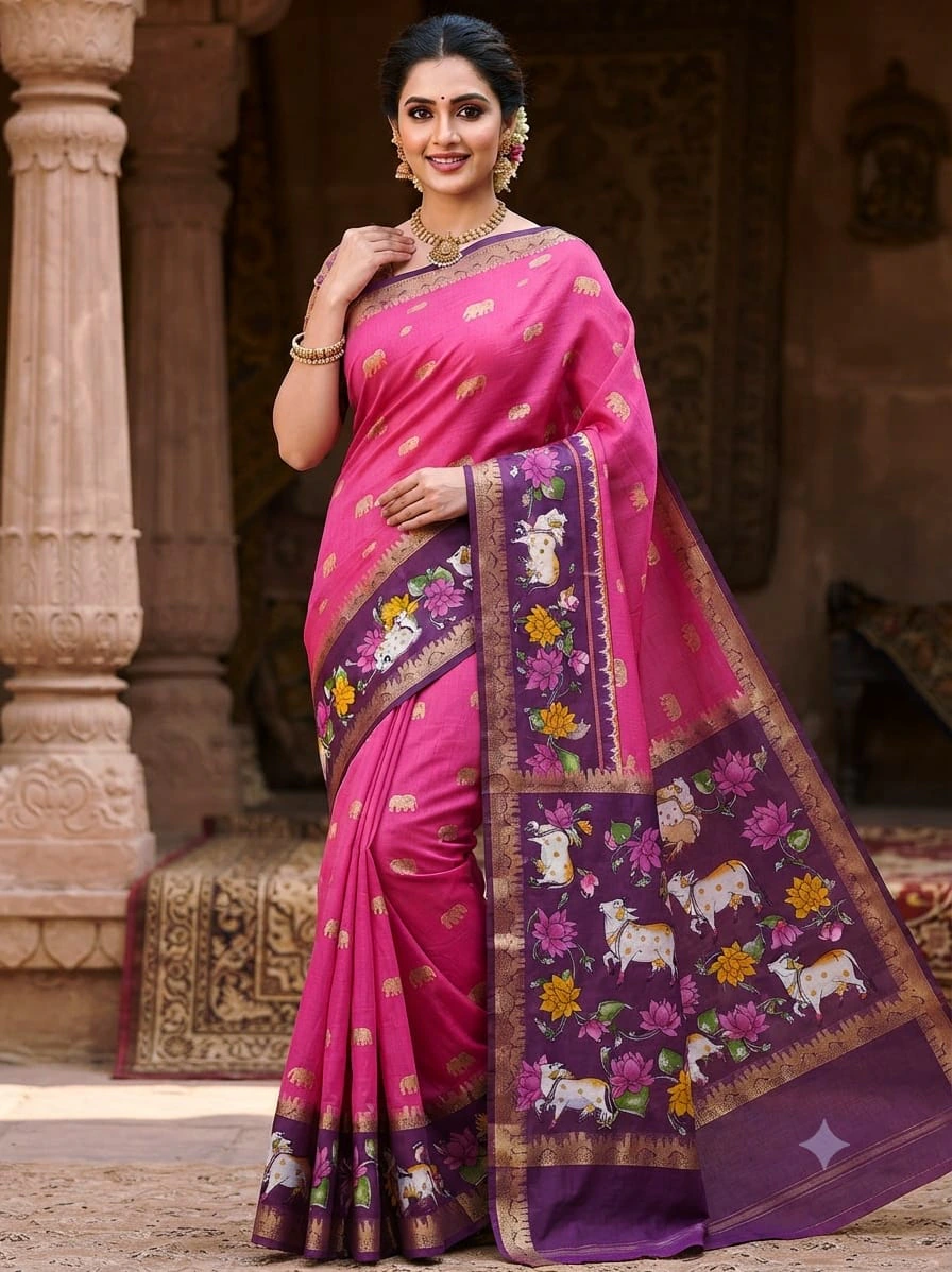 Zari Border Saree with Blouse – Pink