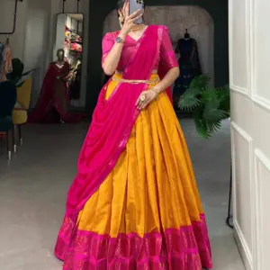 South-Style Kanchipuram Silk Lehenga Choli with Zari Weaving
