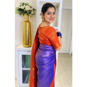Women's Soft Lichi Silk Printed Saree with Blouse – Blue