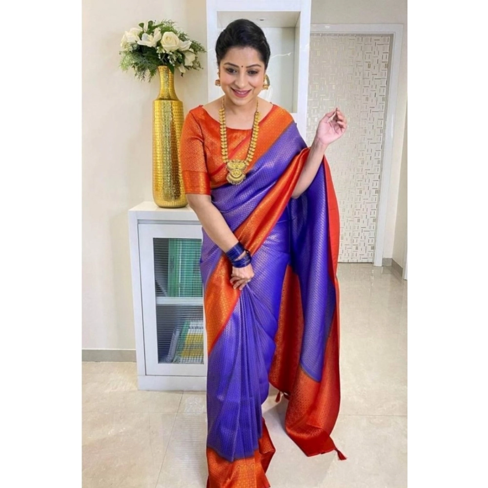 Women's Soft Lichi Silk Printed Saree with Blouse – Blue